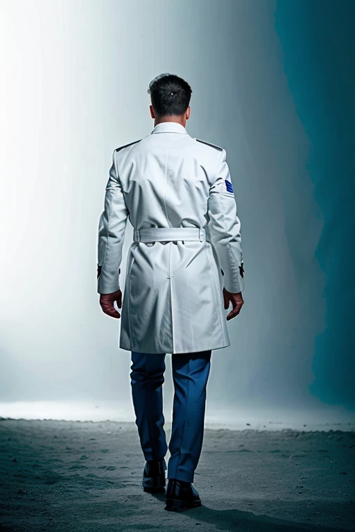 A soldier walks backwards, against a black and white background. he wears a white overcoat that has the writing of a letter 'd' on his back shining in a blue light