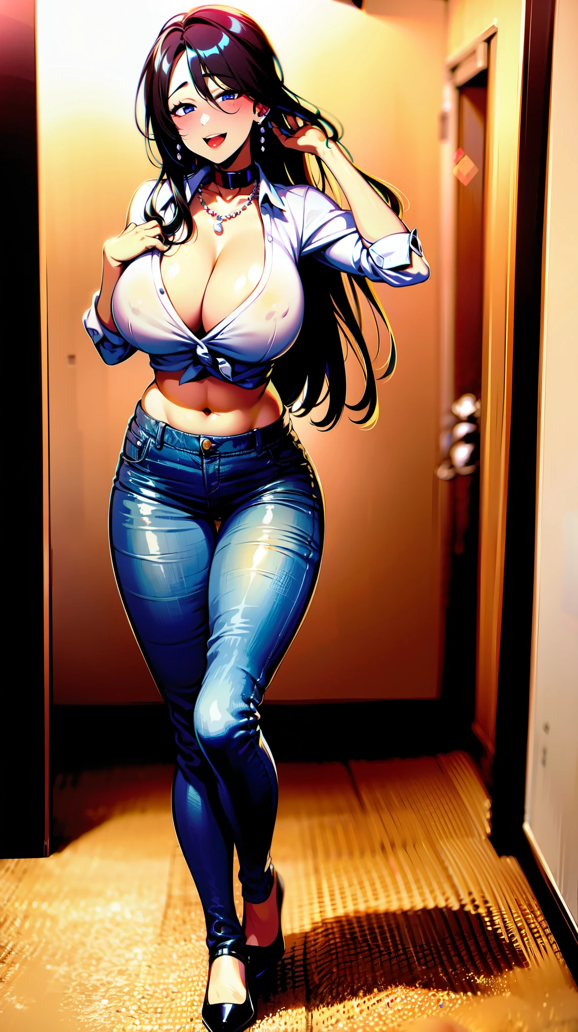((super high quality,Ultra-high resolution,4K,8k,super masterpiece,Ultra HD))Dimly lit room,Full body photo,((One sexy woman,)),((Dress shirt,Denim pants),Tight collar),Long Black Hair,Open chest,Cleavage,slouch,Put your hands on your head,Ecstatic smile,blush,Open the door,Pearl Earrings,Chain Necklace,