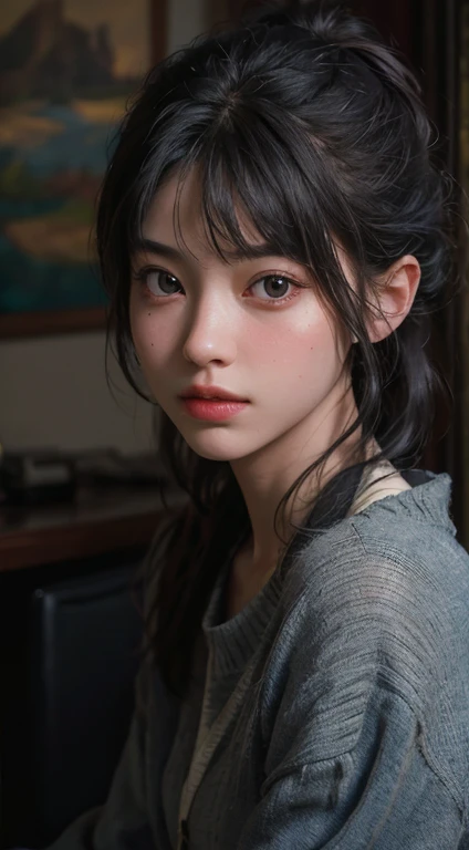 (RAW Photos, Highest quality), (Realistic, photo-Realistic:1.3),Highest quality,Very detailed,masterpiece,Very detailedな,shape,one person's,full_body,Dynamic Angle,world masterpiece theater,Messy_length_hair,Highest quality,Very detailed CG ユニティ 8k 壁紙,ink,wonderful,Cinema Lighting,lens_Flare, Dunhuang_style, in the train