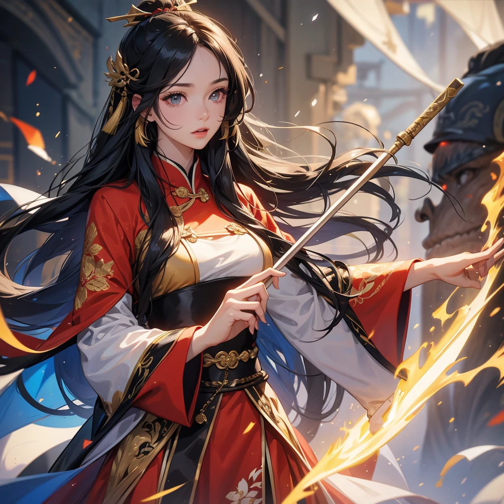 A beautiful woman with long black hair, wearing a hairpin, wearing an ancient Chinese general's outfit, holding a long spear, on the battlefield, close up.