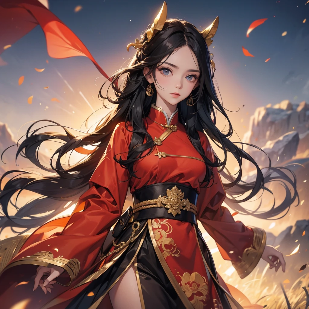 A beautiful woman with long black hair, wearing a hairpin, wearing an ancient Chinese general's outfit, holding a long spear, on the battlefield, close up.