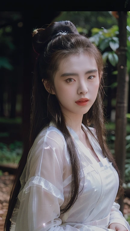 Nie Xiaoqian,Huan Su Xian, BG_picture,Wear ancient Chinese clothes (Translucent, Sparkling pink and white set:1.4), hair bun,alone,1 woman,long hair,angel,realistic,Chinese clothes,Hanfu,hair bun,lips,parted lips,look at the audience.,upper body(The backdrop is ancient China amidst a demon forest.:1.2),(Standing in the dim, blood-red moonlight.:1.3),, เห็นตัวเธอด้านหน้าทั้งตัวbest quality , Masterpiece, illustration, Very delicate and beautiful, มีรายvery detailed ,CG,unity,8K wallpaper, Marvelous, exquisite details, Masterpiece, best quality,official art,มีรายvery detailed CG unity 8K wallpaper,nonsense, incredibly nonsense, Big file size , very detailed, height, มีรายvery detailed,Beautiful girl with details, มีรายvery detailed eyes and face, Beautifully detailed eyes,light on face,