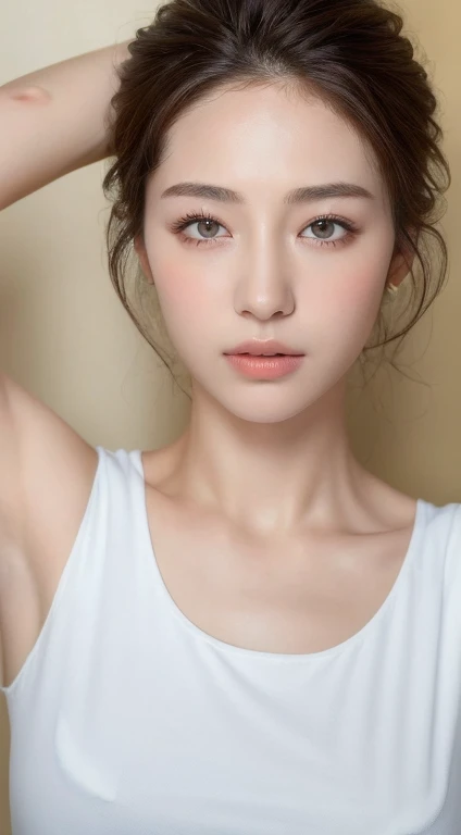 ((Highest quality, 8k, masterpiece :1.3)), 1 person, Beautiful woman with slim abdominal muscles :1.3, (Hairstyle is free :1.2), Short white T-shirt :1.2, Ultra-fine face, Delicate eyes, double eyelid, Underarm