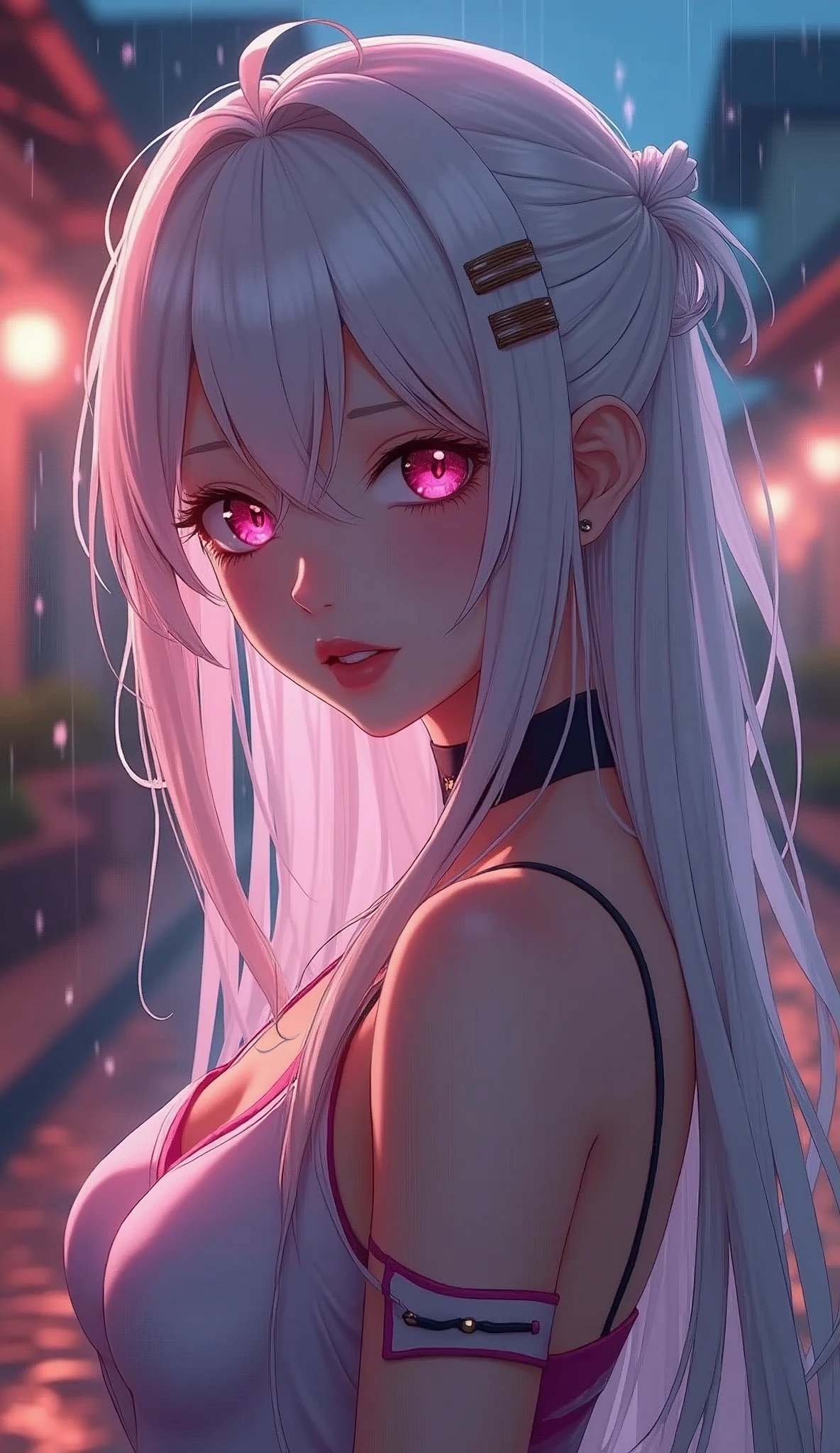 photorealistic,Realistic illustration in Modelshoot style,((masterpiece)),((The best quality)),((Ultra Quality)),((ultra detailed)),((1girl long white hair)),((Only)),((waifu:1.5)),Perfect anatomy,perfect hands,beautiful cuerpo,beautiful_method,ulzzang-6500-v1,e-chica,Exceptionally Beauty -yeld Wa Perfect body beauty: 1.4, Slim abs: 1.1, ((Red hair, Milk: 1.3)), cowgirl pose, (Outdoor, daytime: 1.1), Country street, Super fine face, fine eyes, double eyelids, curly hair, fair skin, Big breasts, random color clothes, HDR, epic realism, high-octane rendering, obra de arte,,((bright-pink_eyes)),long wavy hair,hair clips,eyeliner,cute makeup,lipstick,Glossy lipstick,with a look of terror, worry and sadness,((eyes detallados perfectos)),rainy with fog outside,evening,pink theme,bioluminiscencia,light particles,((Extremely CG Unity 8K Wallpaper)),((cinematic lighting,Best quality lights)),intricate details,Suave,sharp focus,Extremely beautiful and aesthetic,Octane rendering,Full length portrait,damp skin,((Perfect detailed body)),