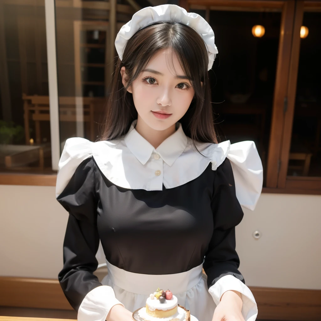 Highest quality, ((Real Model Shots)), 8K quality, ((1 person)), Very delicate and beautiful, grow, Official art with attention to detail, , (Japanese beautiful girl), ((Perfect female figure)), Big ample breasts, Narrow waist, Big Ass, Black Hair, (((Cute long-sleeved maid dress))),  Whole cake, workshop, Cake shop, smile,Age 25（Carbowie shot）