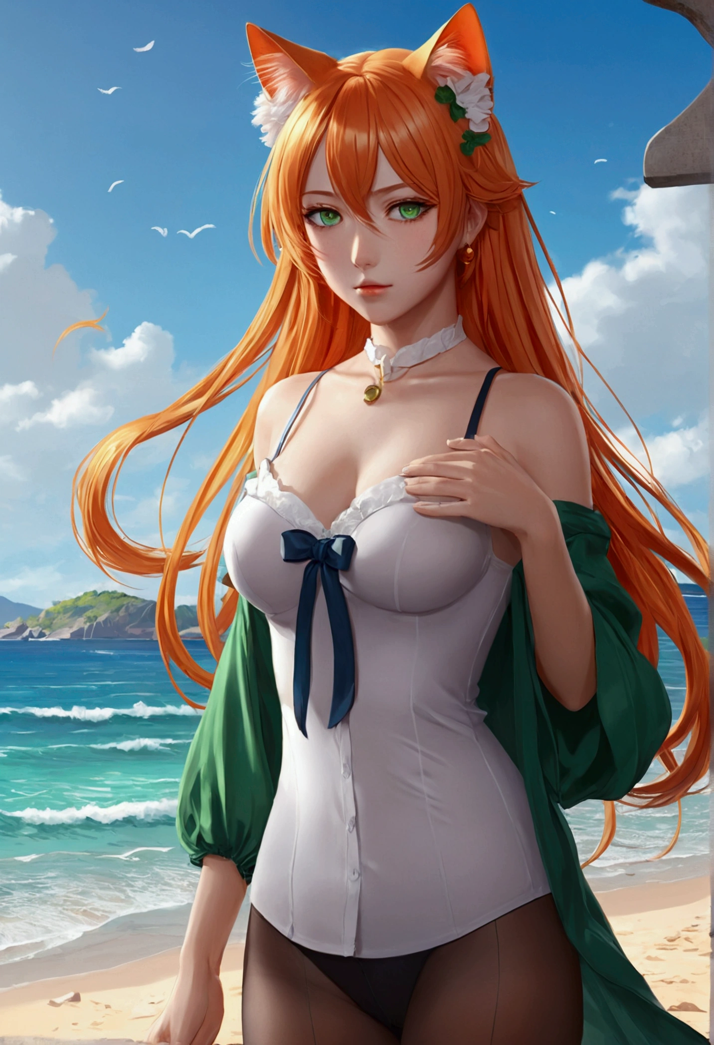 anime girl with long orange hair standing on beach near ocean, green eyes detailed digital anime art, cat ears, , anime girl with long hair, smooth anime cg art, anime girl with long hair, average breast size, digital anime art, artwork in the style of guweiz, beautiful anime portrait, photorealistic anime girl render, beautiful anime girl, advanced digital anime art, pantyhose, guweiz on artstation pixiv upscale HD UHD HQ
