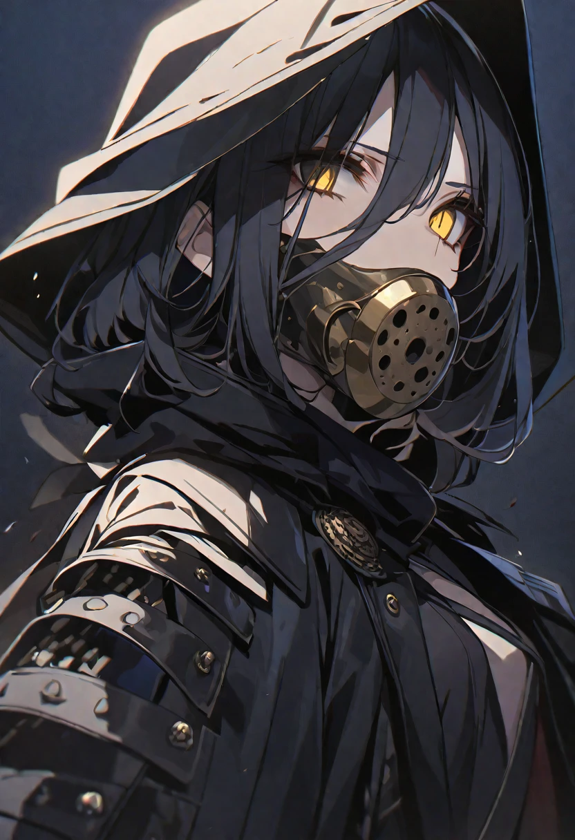 One girl、masterpiece、Highest quality、Beauty、Expressionless、Golden Eyes、Beautiful Eyes、Hollow Eyes、Black Hair、Black plague doctor mask、Black coat、Black gloves、Dark blue background、anime