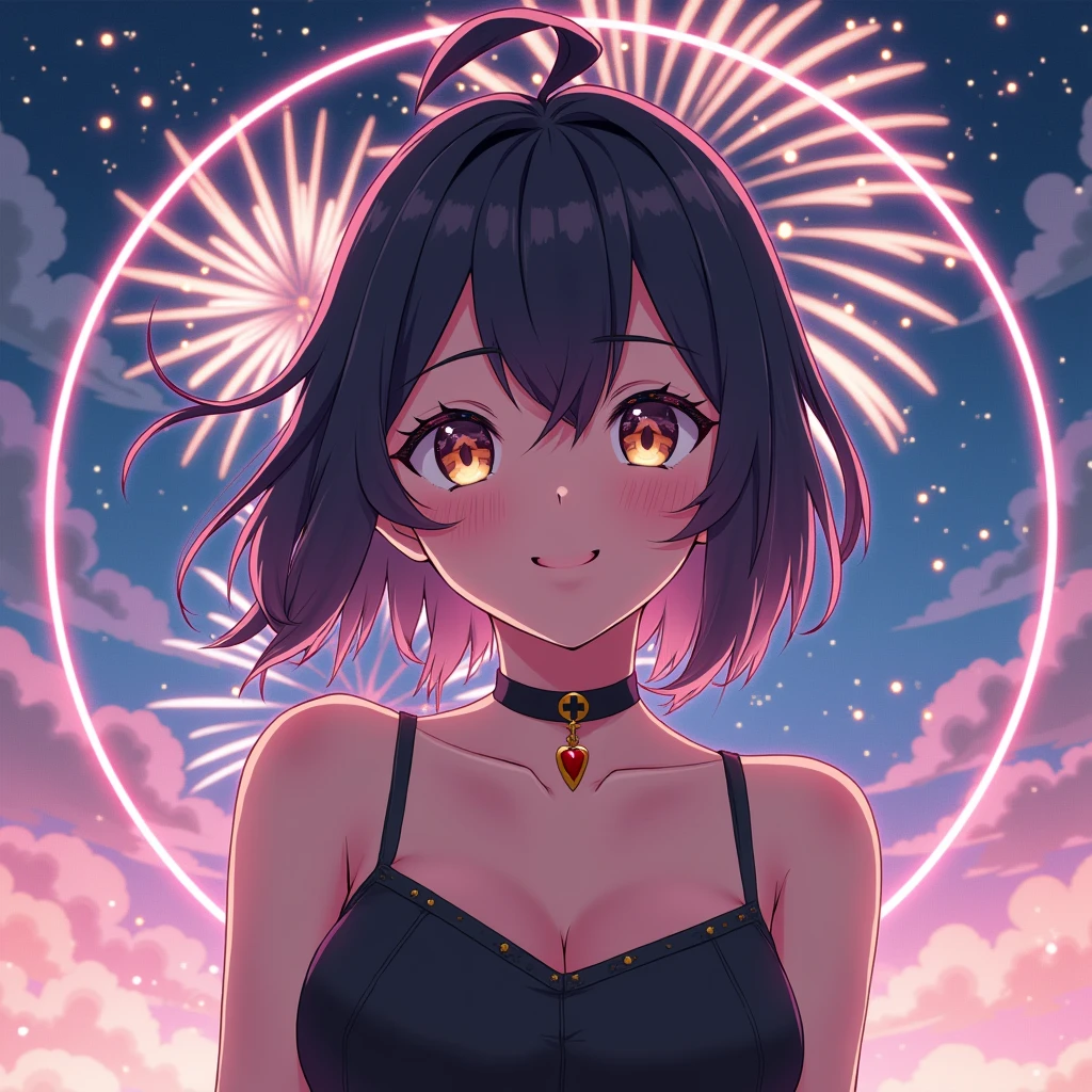 (masterpiece, Best Quality, High resolution, ultra detailed, 8k, 4k), art book, animated coloring, CG, illustration , fancy, MKSKS ,1 girl, Alone, arete, choker, The background is a huge circular pattern adorned., smile, happy looking at viewer, Fireworks, stars, evening, outdoor, (dutch angle), close up, facial focus, Upper part of the body, yoimiya (genshin impact) Drama, in the style of Wes Anderson, pastel, dramatic, Crisp,  --c 69