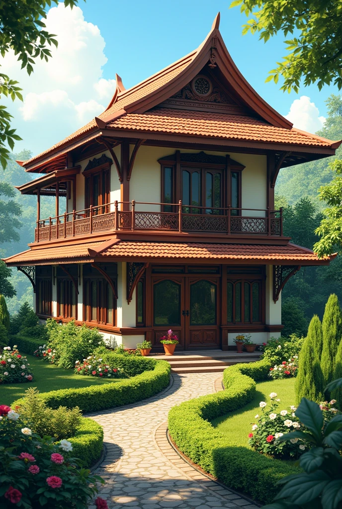 semi burrow filipino style, two story house with a rooftop and beautiful and classic garden,