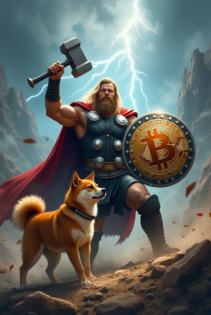 Generate an image of Thor with his hammer and Bitcoin shield, accompanied with his shiba inu dog wearing a collar with the letters DOG, in a war against a bear.