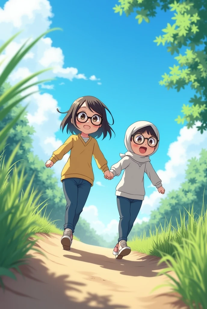 Two anime-style girls, one wearing a hijab and glasses, and the other with short hair and glasses, are pulling me up a hill. They are holding my hands and looking back at me with sweet and cute smiles, inviting me to run up the hill with them 4k