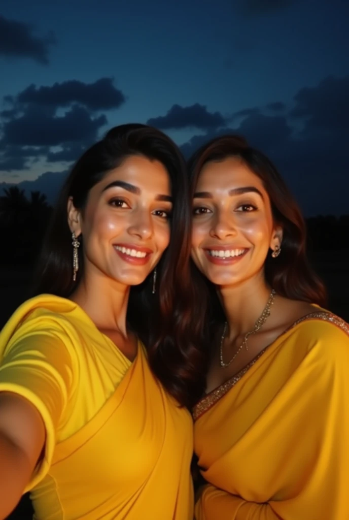 Kriti sanon and kiara advani in yellow saree, selfie, night, without light, no shining, cloud, noises, raw photo
