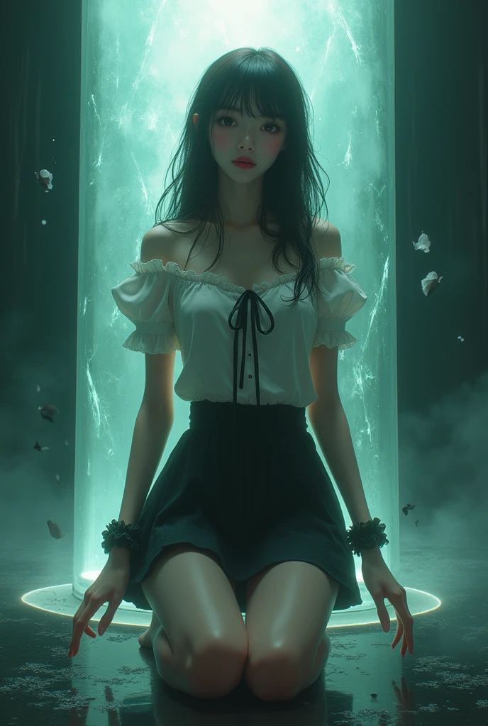 {{{{{3,318 trillion pixels high resolution, nsfw, Realistic scenery and lovely girl, In this scene the heroine is chosen as a human pillar and sealed in a kneeling posture with her legs spread in an M-shape where she is raped endlessly while staring blankly into the void, A full whipped deep cleavage rapidly emerged, the charm she exudes spurs forces her to lift her legs and open her legs and continues to fuck, thicken the lips look pretty, Boobs are fluffy and bouncy, Tits that get rounder bigger her deep tight cleavage}}}}},{{{{{A neat girl who stands on her knees and opens her crotch traces her crotch with her fingertips and with a faint moan experiences her first climax and becomes a little more mature and innocent masturbator, Higher concentrations of female hormones in the tank will make her moan all the more as much as she wants, white cheeks, The moment when the eyes of the heroine's girl are replaced with kaleidoscopic irises, magical in a romantic Cylindrical crystal herbarium showcase filled with female hormone, Herbarium-soaked her tits become so plump that they break the blouse of an even smaller-sized girl and her hair grows longer and sexier while she still looks like a girl, Cuteness preserved forever shining in exchange for life from her, wearing cute ribbon blouse and skirt, frills scrunchie on her wrist, her beautiful slender underbust, slender curvy cute waistline, an lewd fetish for lips and necks and waistlines, her clearer nip line from underbust to hips, gloomy straight black wig, thick vivid lips}}}}},{{Extremely detailed}},{{{{{heroine girl's Sexually unused body with pure and innocent aura}}}}}