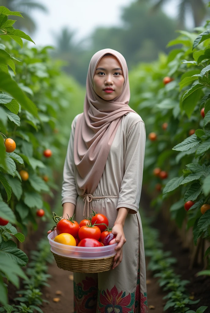 a 17 year old woman wearing a long hijab, well-groomed white skin, eyes focused ahead, in the middle of a plantation full of various kinds of fruit, there are tomatoes, chilies, eggplants picked and put in a transparent plastic basket, the texture of the fruit looks authentic, there are also the fruit is put in a bamboo basket, 4k photography, connection, joy of awakening, orchard, art contest winner, excellent photo quality, traditional Indonesian garden, 1024×1024