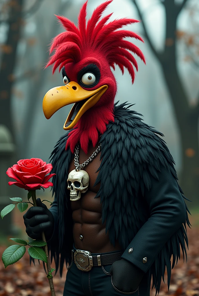 A rock and roll Patolino holding a red rose with a skull necklace around his neck and is at the cemetery