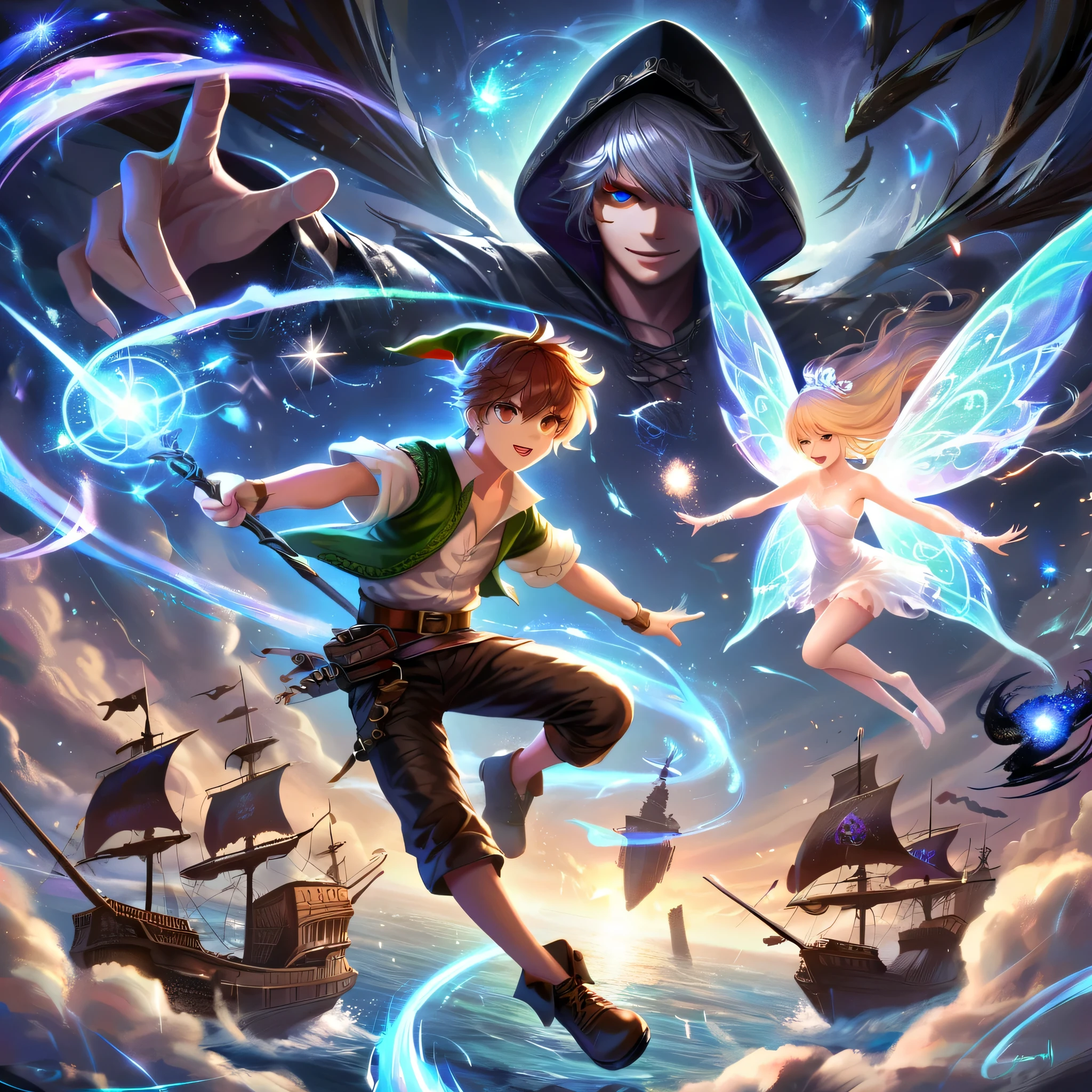 masterpiece, Highest quality, One person, solo, Create an anime-style fantasy artwork of a dynamic sky battle. It features a young boy named Kairis, inspired by Peter Pan, flying through the sky with no wings, holding a magical staff emitting swirling wind and light energy. He is accompanied by a glowing fairy named Luna, radiating iridescent light and surrounded by sparkling particles. Kairis is engaged in a fierce battle against the dark admiral Blackburn, who is a menacing pirate captain with a shadowy claw and a sword in his other hand. Blackburn is surrounded by dark flames and shadowy tendrils that reach out aggressively. The background includes floating islands, swirling clouds, lightning, and Blackburn's dark pirate ship looming in the sky. Magical effects, wind, and energy collide between light and dark forces, creating a powerful, dramatic atmosphere with glowing particles, intense expressions, and sharp contrasts between light and shadow.