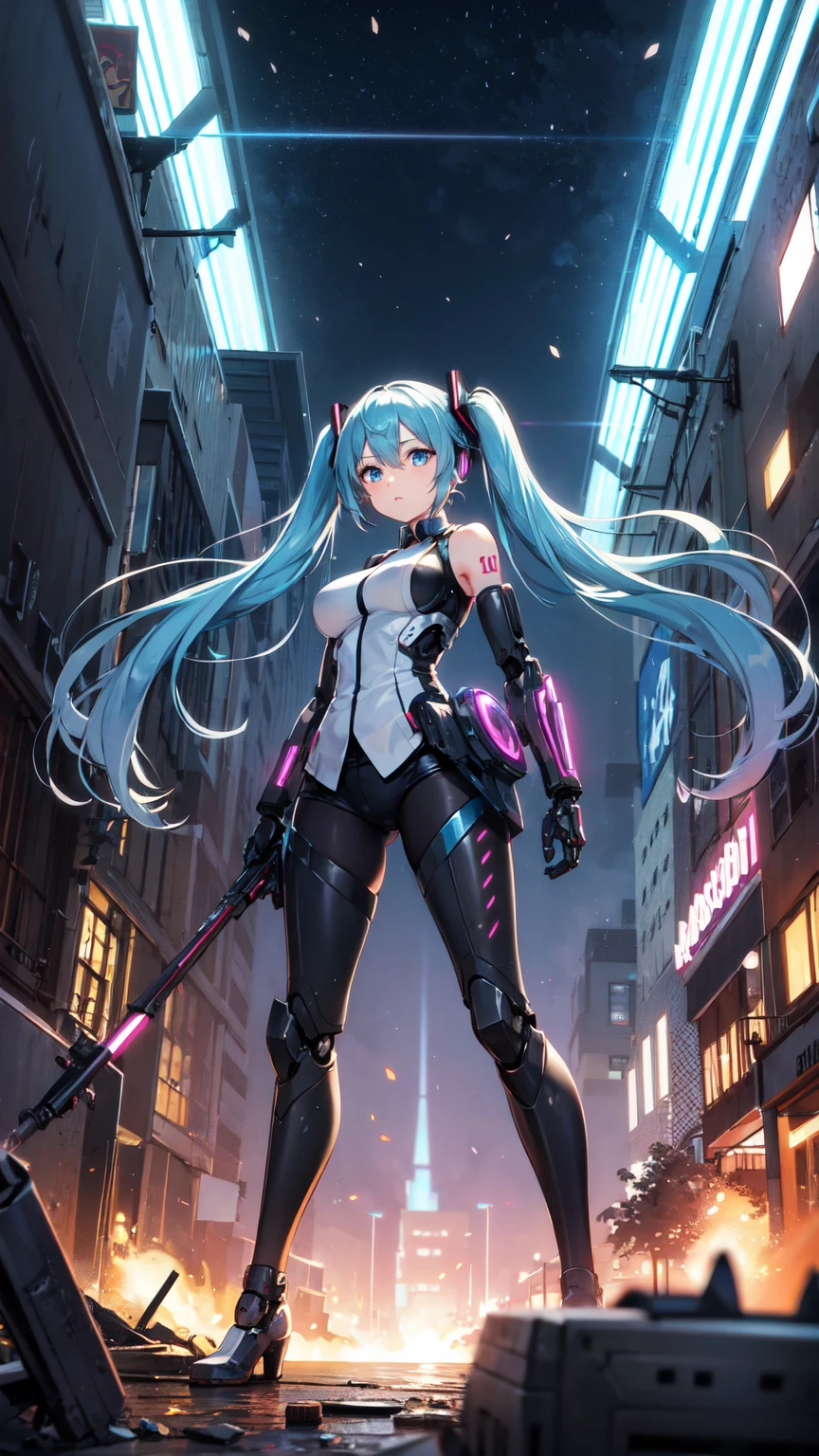 Hatsune Miku Vocaloid、Twin tails、Light blue hair、Bright Blue Eyes、Mecha Girl、Big Breasts、Ultimate toned physique、((black tights))、Highly sophisticated cyborg, Arms folded in front of the destroyed city, Bionic body with futuristic details. (Arms folded in front of the destroyed city、Highly sophisticated cyborg, Bionic body with futuristic details.)