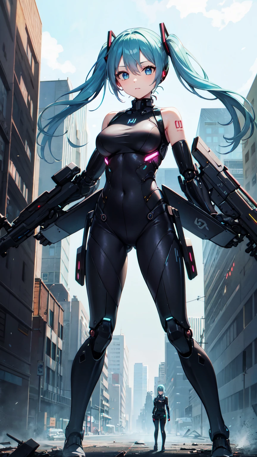 Hatsune Miku Vocaloid、Twin tails、Light blue hair、Bright Blue Eyes、Mecha Girl、Big Breasts、Ultimate toned physique、((black tights))、Highly sophisticated cyborg, Arms folded in front of the destroyed city, Bionic body with futuristic details. (Arms folded in front of the destroyed city、Highly sophisticated cyborg, Bionic body with futuristic details.)