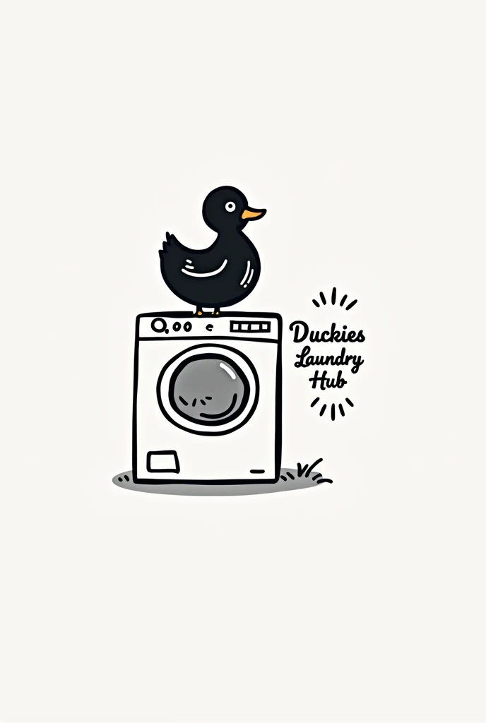 make a simple logo of a black duck at the top of a in washing machine with simple designs and put a caption at the right "Duckies Laundry Hub" and add line with caption "Wash, Dry and Fold" with small letter
