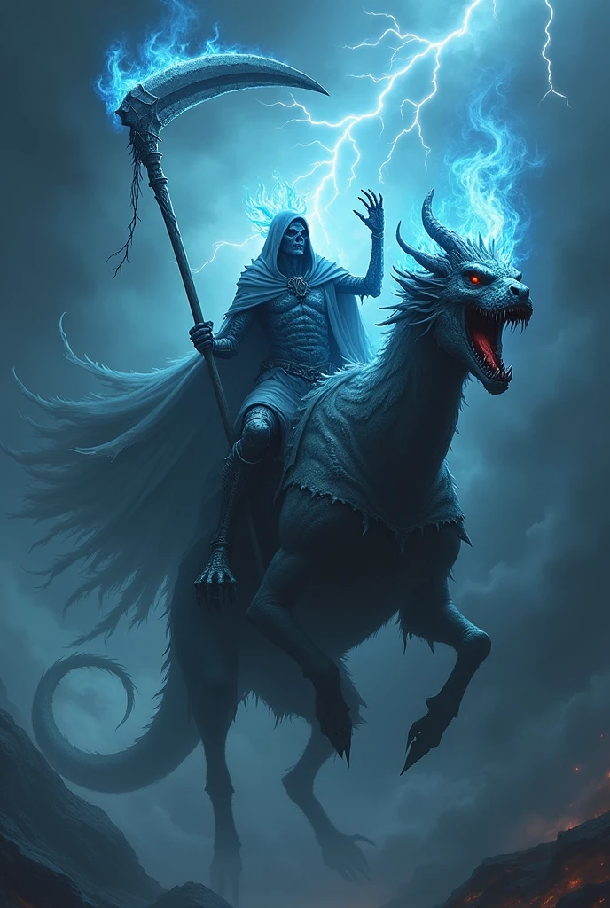 Ghostly knight with a skeletal head and blue flames wielding a giant scythe, riding a fire dragon