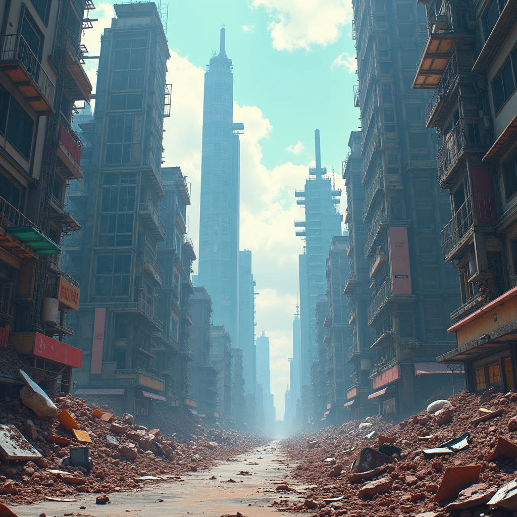 Create an image for the cover of Chapter 6 of the book &#39;2067&#39;, where a completely destroyed futuristic city is depicted, due to a virtual reality game that has contaminated people&#39;s minds. The image should convey the feeling of chaos., desolation and destruction, with destroyed buildings, Empty streets and the surprising presence of technology.. Use dark and cool colors to create a dark and desperate mood., and ensure that the message conveyed is impactful and exciting for readers.. Drama, in the style of Wes Anderson, pastel, dramatic, Crisp,  --c 69