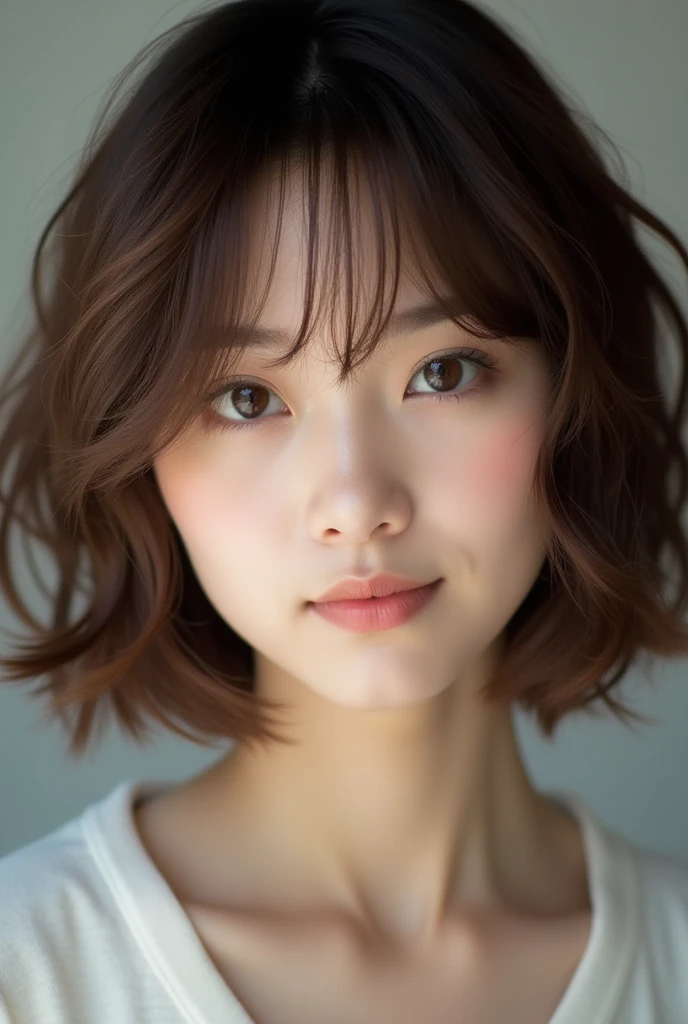 Round eyes、Brown eyes、Long eyelashes、Realistic Photo, 25 year old Japanese woman,Brown Hair、short hair