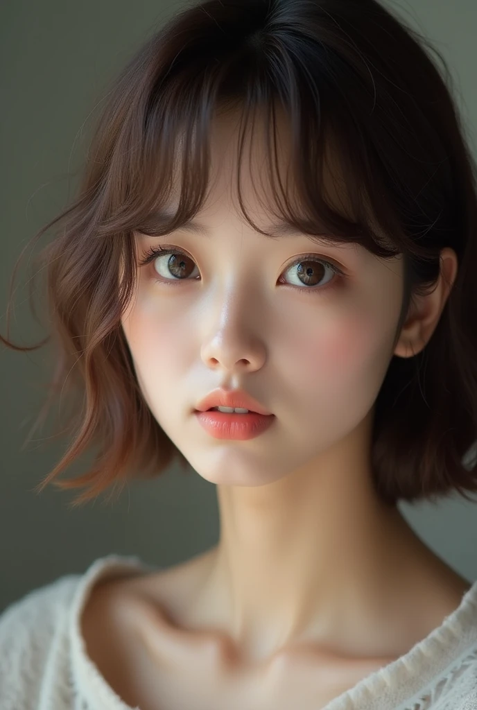 Round eyes、Brown eyes、Long eyelashes、Realistic Photo, 25 year old Japanese woman,Brown Hair、short hair