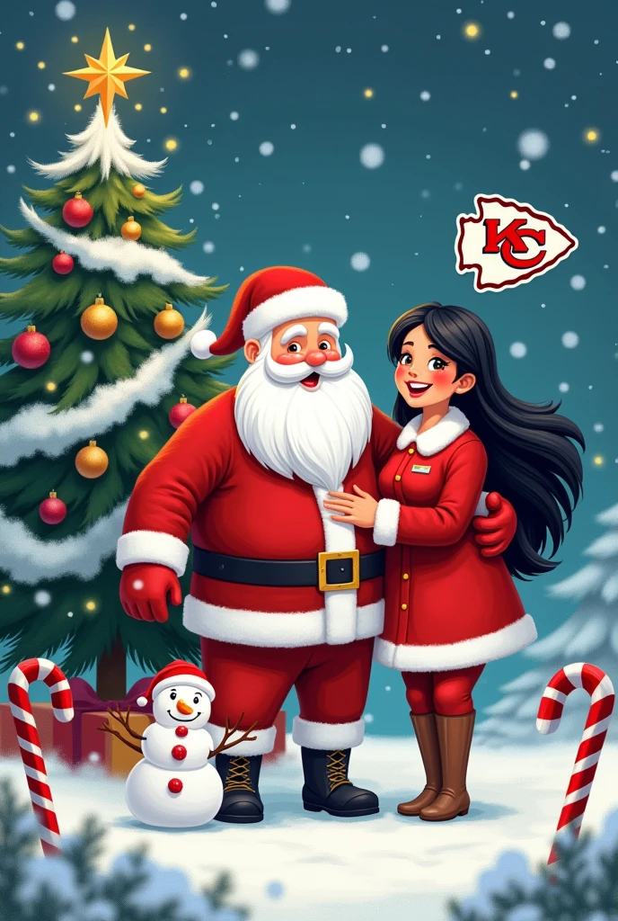 Santa Claus with his chubby wife black hair, Snowman, Snowflakes, candy canes, Element,Christmas tree,Kansas City Chiefs