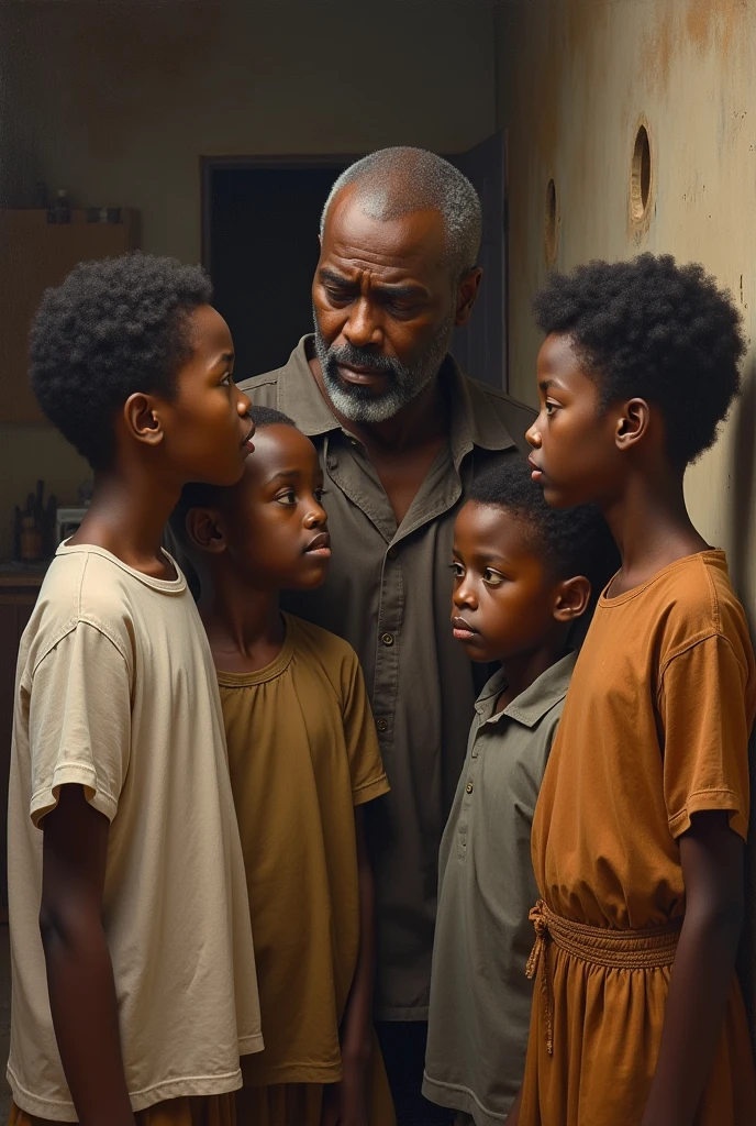 A strict looking African man talking to his two boys and three girls. Realistic paint 