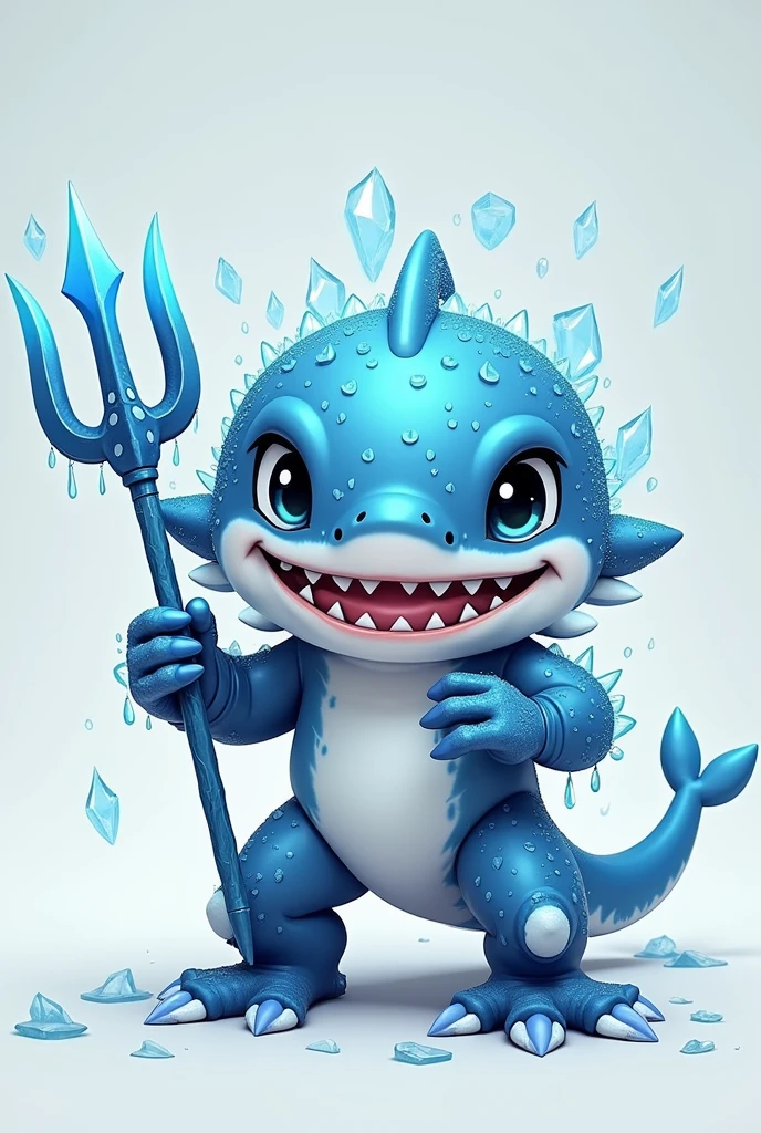 A chibi humaniod shark with icy blue scales and frosty accents. Ice armor and trident Style : Ken Sugimori, 2d , anime, Full-body, t pose, 4k , HDR, highest quality, cel shaded