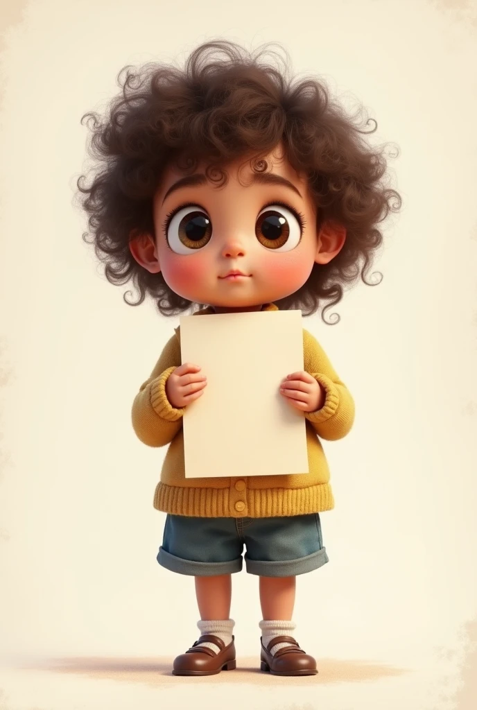 a female kid standing while holding a piece of paper. she has a curly hair and a little bit chubby