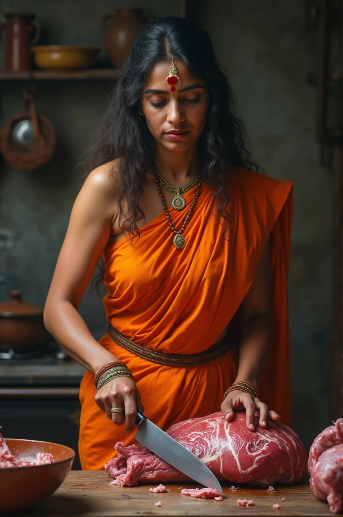 A Hindu Brahmin women in orange saree and in forehead Tika ,cutting meat