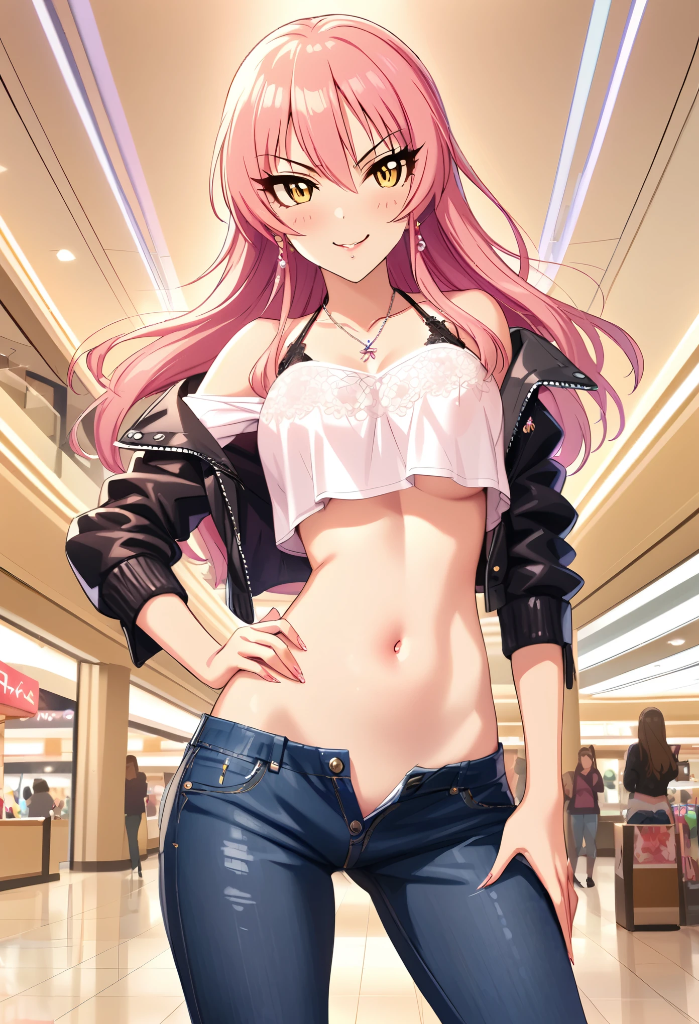 mika jougasaki, 1girl, pink hair, solo, yellow eyes, seductive smile, blush, lipstick, long hair, Hot girl, baddie, staring, glaring, bad attitude, mean girl, crazy, smoking, mall, shopping center,indoors, smile, masterpiece,high quality,4k, bare shoulder,belly,crop top,holding pistol,cleavage,casual dress, smile, (nsfw) not safe for work, evil expression, exposed
belly, exposed navel, exposed midriff, exposed lower belly, crop top overhang, underboob,jacket,
unbuttoned jeans , low rise black jeans, Low rise jeans, Low rise jeans with open fly, 