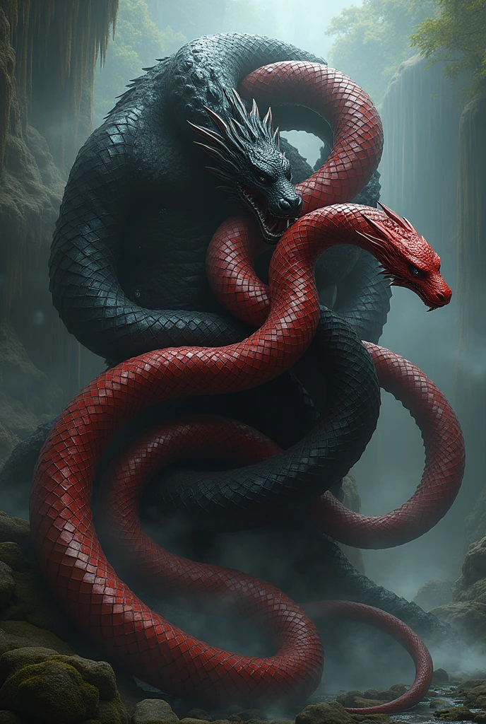 The black Naga is constricting the red Naga.