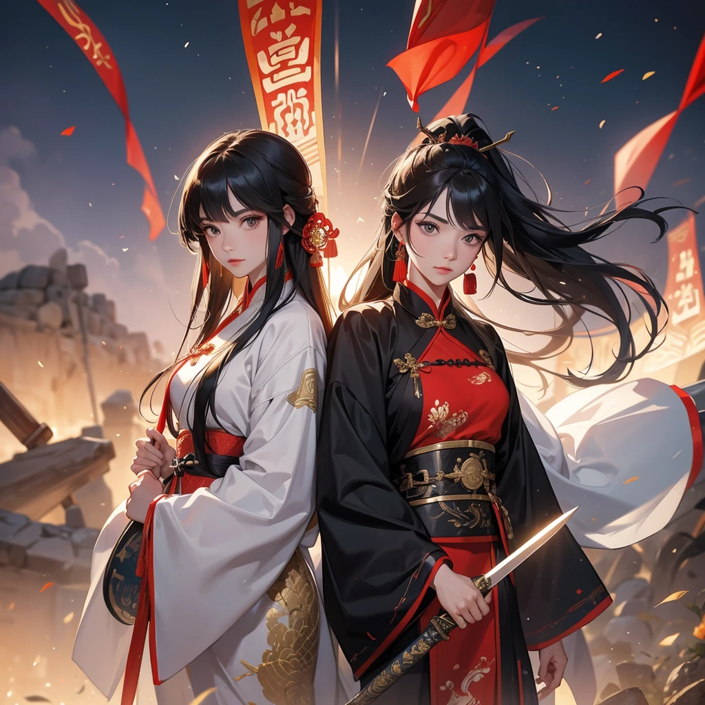 A beautiful female general holding a spear with long black hair in ancient Chinese clothing and a handsome male general holding a big sword in ancient Chinese clothing on an ancient Chinese battlefield.