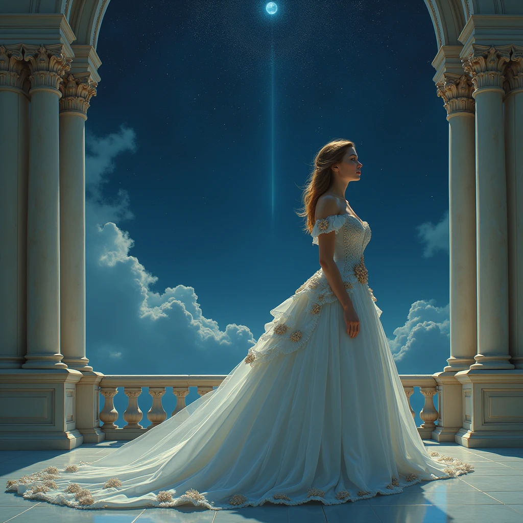 a beautiful lonely princess, elegant, detailed, Beautiful, (Rubenesque), (Romanesque background), (night sky), elegant detailed dress, (art by dgtlv2 and henry asencio and zeen chin and josephine wall and edwin deakin), (masterpiece), (good anatomy),Science fiction, in the style of Guillermo del Toro, pastel, dramatic, Crisp,  --c 69