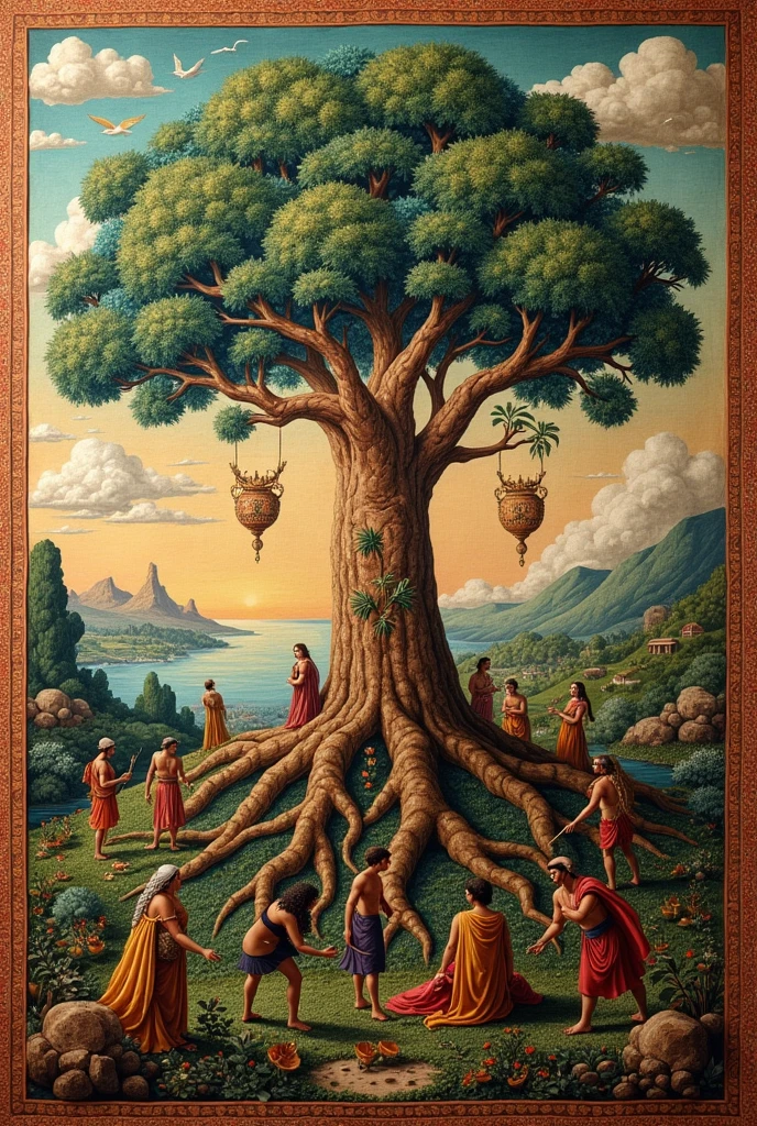 The Tapestry of Humanity:

Description: A giant tapestry that represents the history of humanity as a fabric rich in textures and colors. In the middle, a great tree of life with roots that delve into the earth, symbolizing evolution. The branches of the tree extend to the edges of the tapestry, giving rise to different scenes that represent diverse cultures and eras. In each scene, human figures interact with animals and elements of their surroundings, showcasing ethography and adaptation to the environment. The tapestry is full of symbols and patterns that represent different beliefs, customs and knowledge.