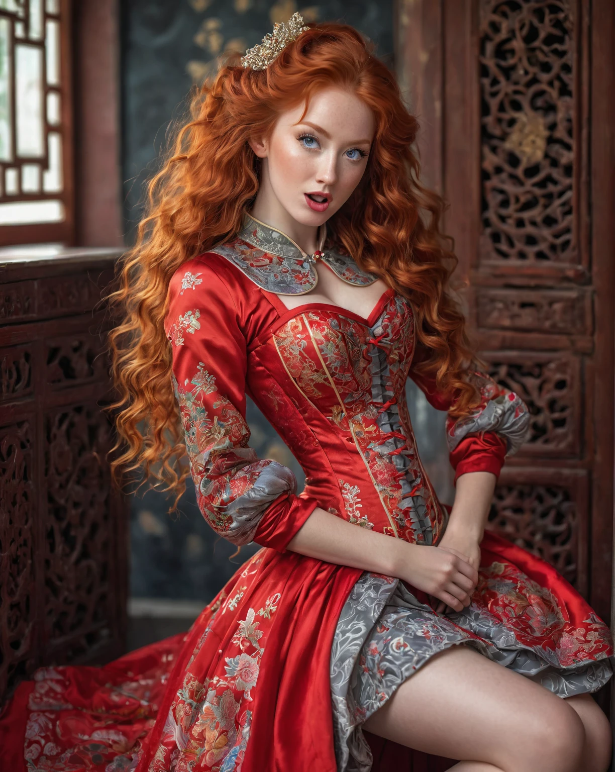 A European girl with vibrant ginger hair and grey eyes, playfully sticking out her long tongue. She wears a stunning red dress adorned with intricate Chinese patterns, featuring a red corset and crinoline. Her long, curly hair cascades volumetrically, while she squats gracefully, holding her skirt. The scene is ultra-realistic, highlighting her long legs and wide hips, complemented by red toe socks.