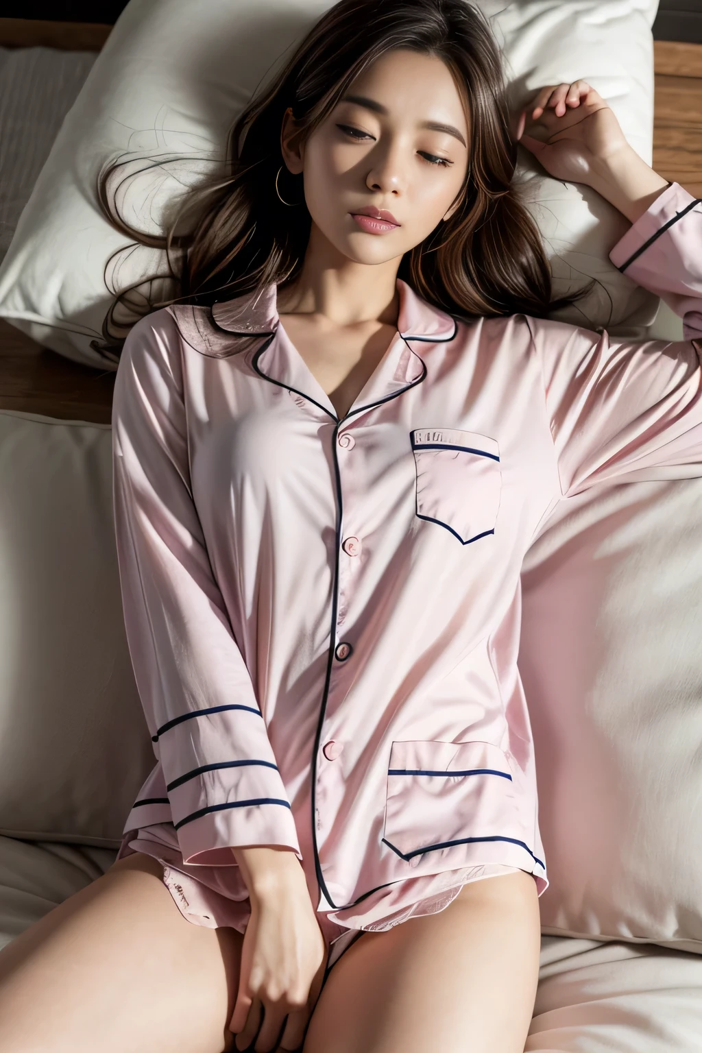 Sleeping girl, 22 years old, realistic, she is wearing pink long pajama, brown hair.