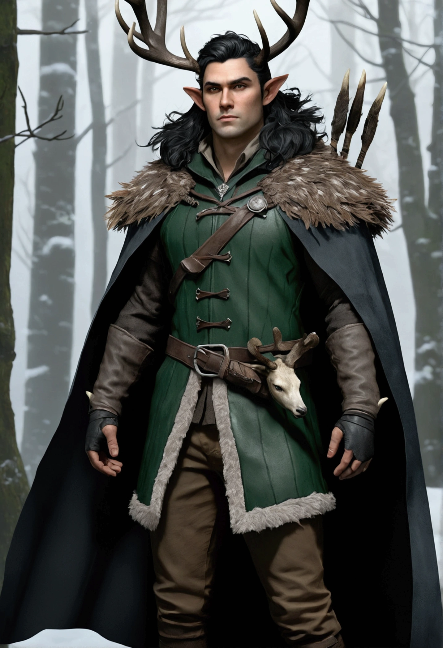 whole body, realist, Firbolg, Hunter Ranger, coat of mail, Black feather cape, gray skin, black hair, deer antler bow
