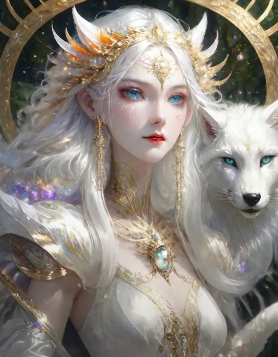 (best quality,ultra-detailed,realistic:1.37),portrait,digital painting,white silk dress with gold embroidery,nine tail fox,translucent tails,hungry gaze,captivating eyes,feminine beauty,graceful movement,ethereal atmosphere,enchanted forest,sunlit glade,vibrant colors,mythical creature,majestic presence,alluring charm,supernatural being,fox spirit,all-seeing eyes,mysterious aura,detailed fur texture,playful curiosity,entrancing gaze,mesmerizing expression,whimsical fantasy,evoking wonder,symbol of wisdom,folklore inspiration,delicate features,graceful elegance,luminous complexion,spiraling tails,graceful pose,haunting allure,worldly knowledge,enchanting allure,captivating presence,beckoning invitation,seducing beauty,vector illustration,vivid hues,dreamlike setting,divine creature,secrets of the forest,unearthly grace,