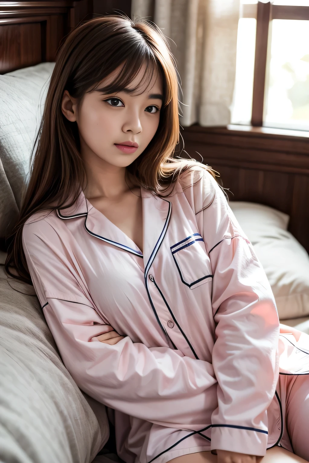 Sleeping girl, 22 years old, realistic, she is wearing pink long pajama, brown hair.