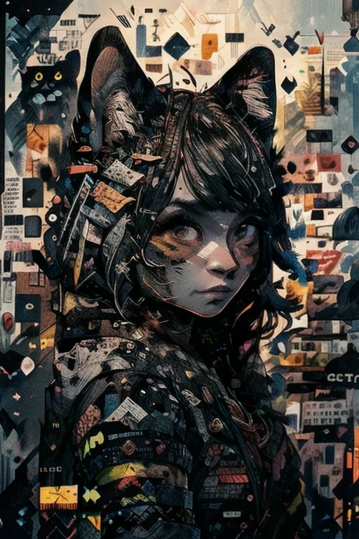 Black cat perched on a chaotic pile of newspapers, ink collage style, layered textures with torn and frayed edges, moleskin paper feel with thick ink strokes, gothic jewelpunk details intricately woven into the scene, cat's fur composed of swirling ink patterns, ornate gothic jewelry subtly integrated, multiple cat skulls faintly emerging from the shadows, dark yet intricate atmosphere, inspired by the ink-heavy styles of Ausche and Auschettler, reminiscent of Alan Lee's dense line work, with a touch of Relja Penezic’s fragmented composition, layered and textured, blending in chaotic yet harmonious detail, hauntingly beautiful