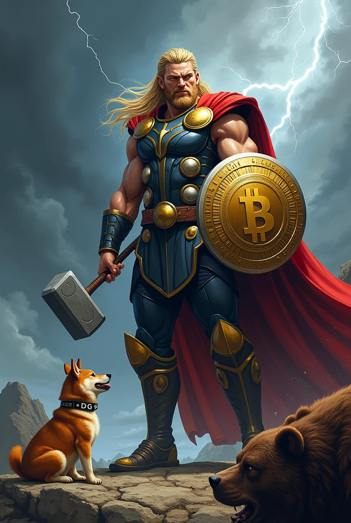 Generate an image of Thor with his hammer and Bitcoin shield, accompanied by his Shiba Inu dog wearing a collar with the letters DOG facing a bear.