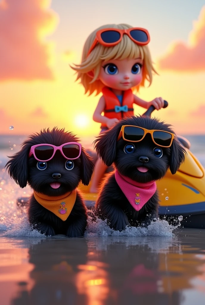 cute adorable 2 black shih tzu puppies, big blue eyes wearing colorful collars, bandanas and sunglasses, cute blonde girl, extremely detailed, big blue eyes, wearing colorful collar and life jackets, wearing sunglasses, riding jet ski, 3D Pixar style, at beach, sun rise in background photorealistic, (best quality,8k,highres,masterpiece:1.2),ultra-detailed,(realistic:1.37),HDR,vivid colors,studio lighting