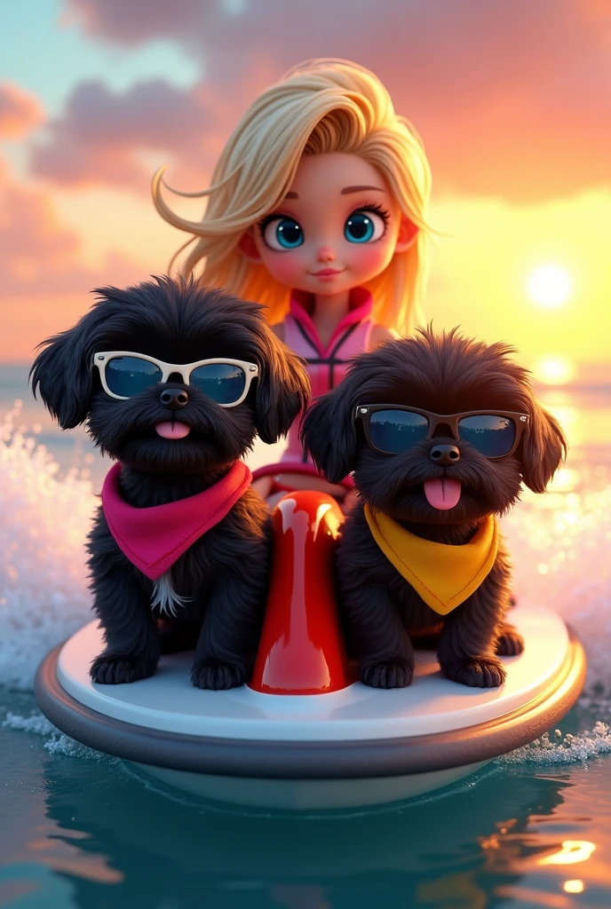 cute adorable 2 black shih tzu puppies, big blue eyes wearing colorful collars, bandanas and sunglasses, cute blonde girl, extremely detailed, big blue eyes, wearing colorful collar and life jackets, wearing sunglasses, riding jet ski, 3D Pixar style, at beach, sun rise in background photorealistic, (best quality,8k,highres,masterpiece:1.2),ultra-detailed,(realistic:1.37),HDR,vivid colors,studio lighting