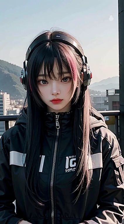 ((Highest quality)), ((masterpiece)), (Very detailed:1.3), 3d, beautiful (cyber punk:1.3) Hacker woman with dyed hair, Wearing black clothes and looking at the camera
