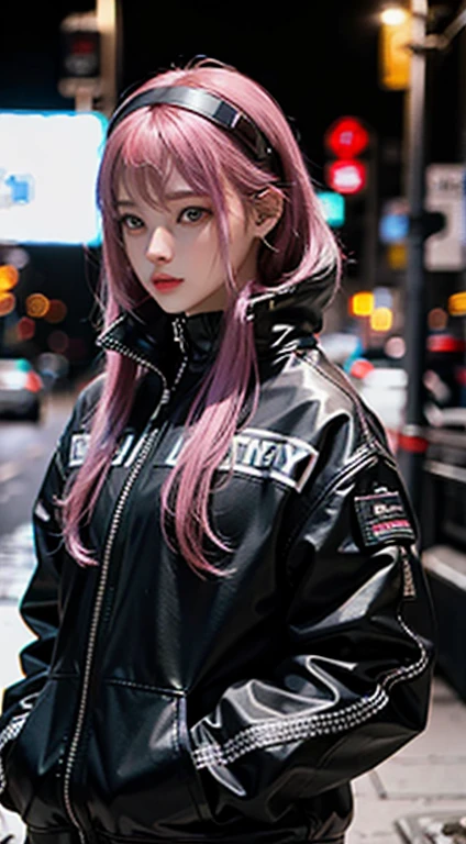 ((Highest quality)), ((masterpiece)), (Very detailed:1.3), 3d, beautiful (cyber punk:1.3) Hacker woman with dyed hair, Wearing black clothes and looking at the camera