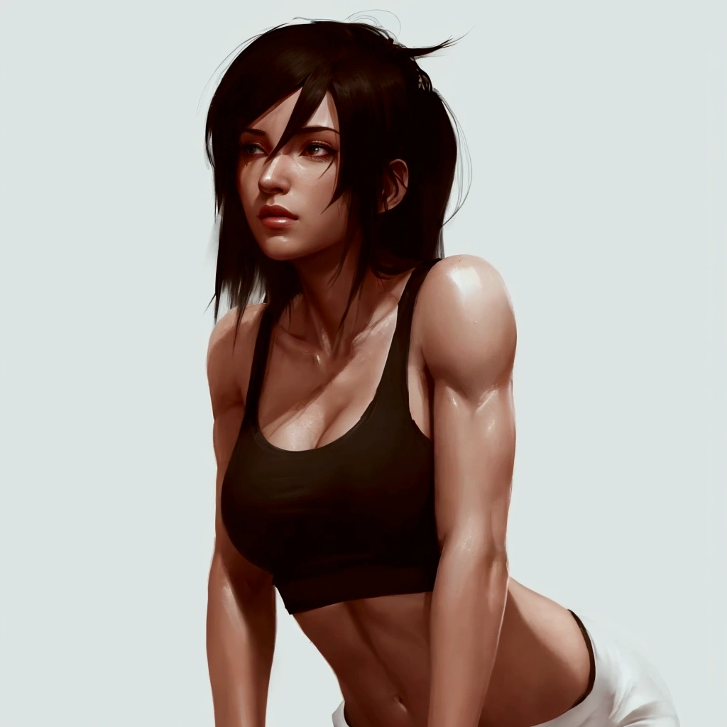 a close up of a woman in a black top and white shorts, digital character painting, muscular sweat lara croft, mirrors edge art style, tifa lockhart, by Ren Xiong, realistic character concept art, digital character art, by Jason Chan, tifa lockhart portrait, digital painting concept art, tifa, ilya kuvshinov style, senna from league of legends