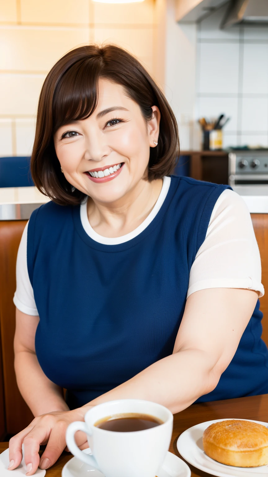 8k wallpaper, masterpiece, Highest quality, Very detailed, One Mature Woman, 50 years old, Become very clear, Wearing a short-sleeved knit, Skin dents, Captivating smile, Looking at the audience, No lapel microphone, Plump, Curvaceous, Attractive face, Smiling with teeth showing, I was happy, sitting in a cafe, Background Blur